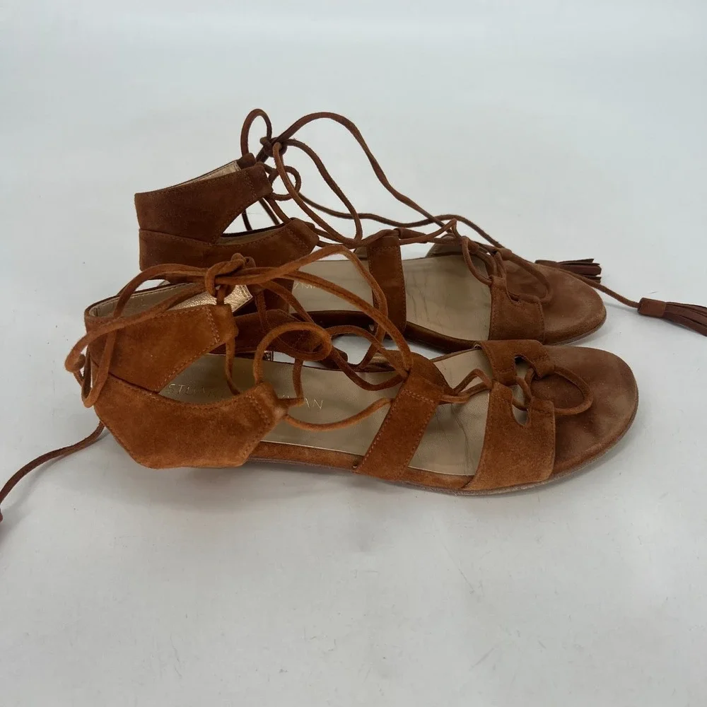Stuart Weitzman Suede Roman Gladiator Flat Tie Womens 7.5 Brown